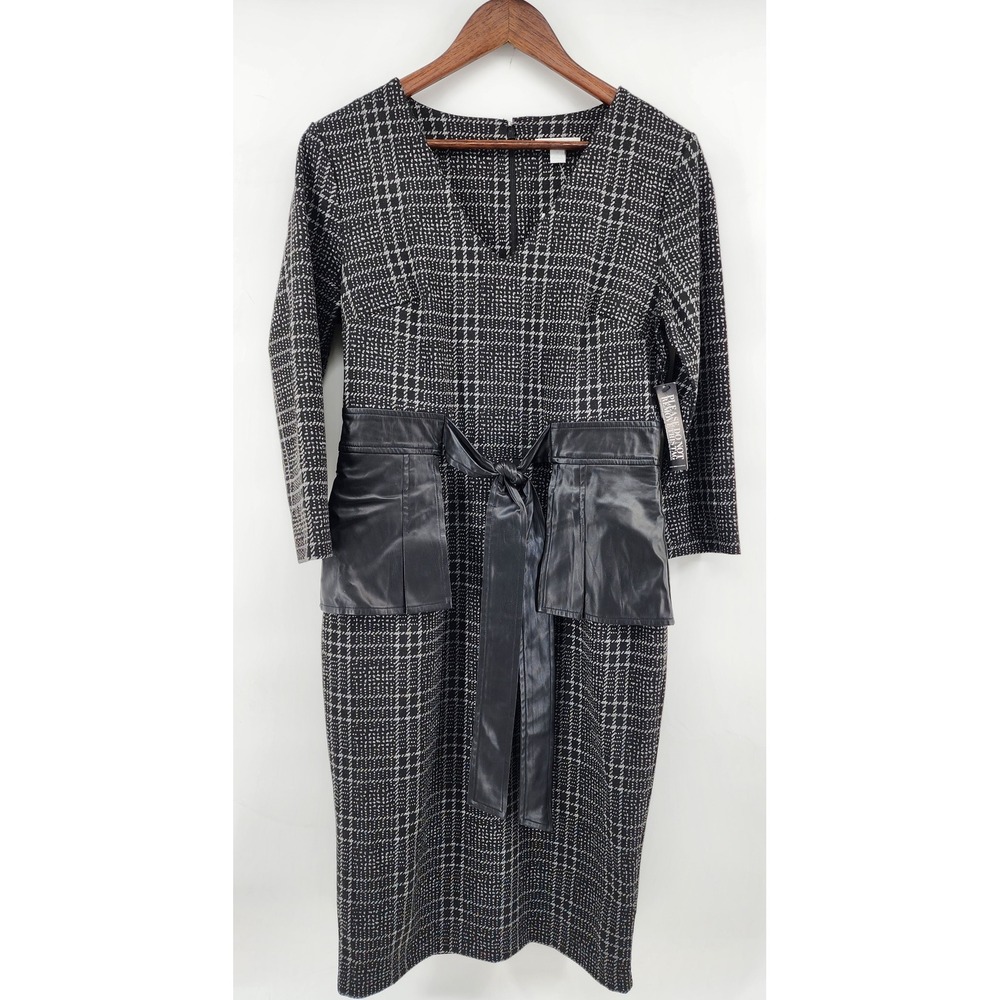New York & Company Plaid Faux Leather Peplum Sheath Dress Medium